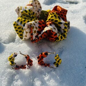 Handmade African Ankara print Hair Scrunchie and Earrings Set